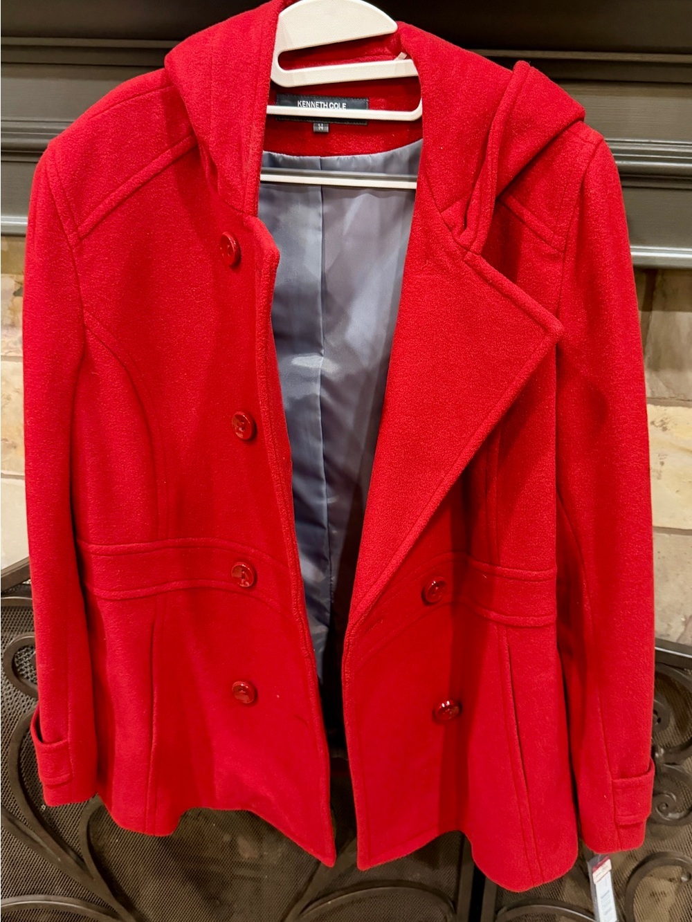 Kenneth Cole Reaction Red Hooded Double-Breasted Peacoat